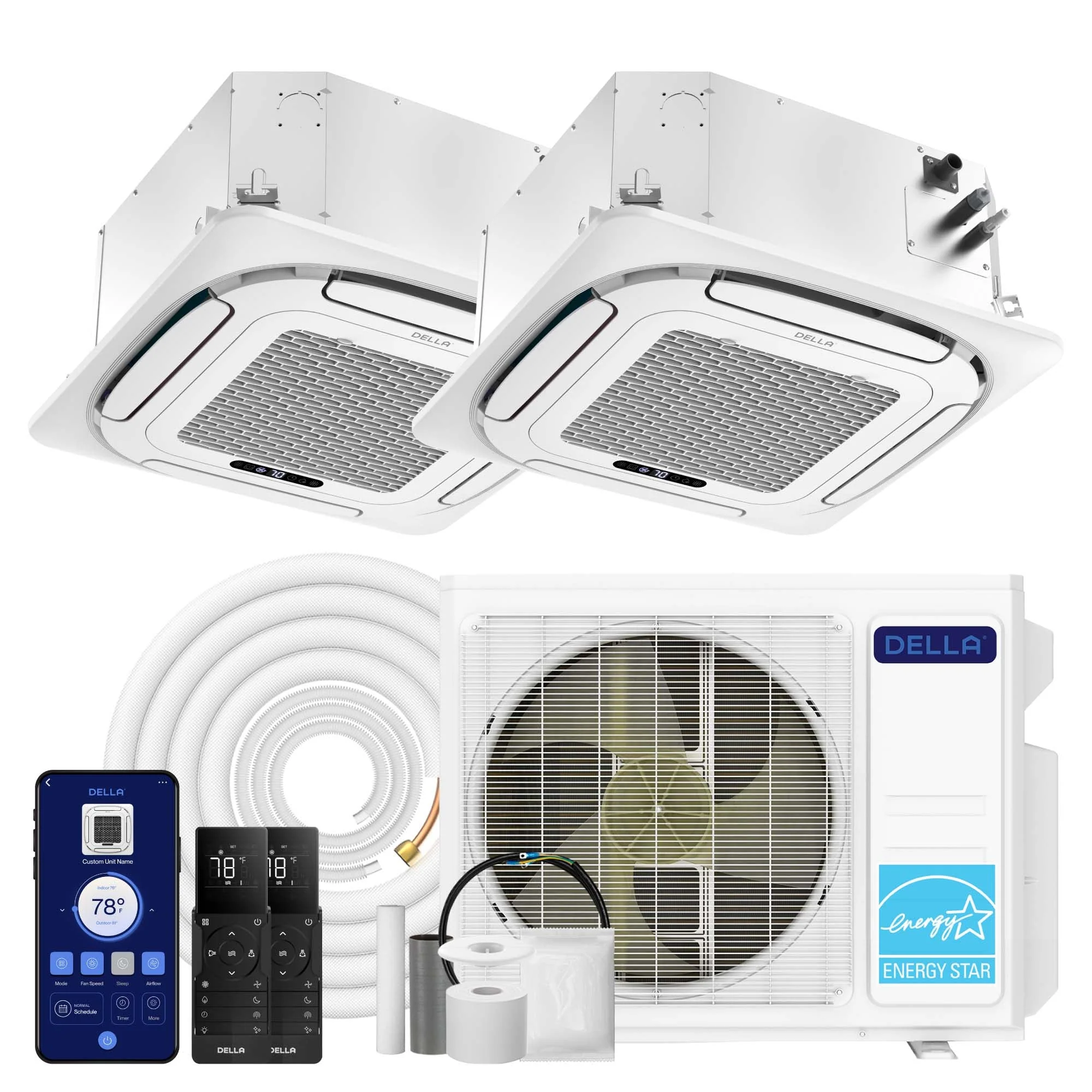DELLA 18000 BTU Dual Zone Ceiling Cassette Mini Split AC (9K + 12K) - Up to 950 Sq.Ft.