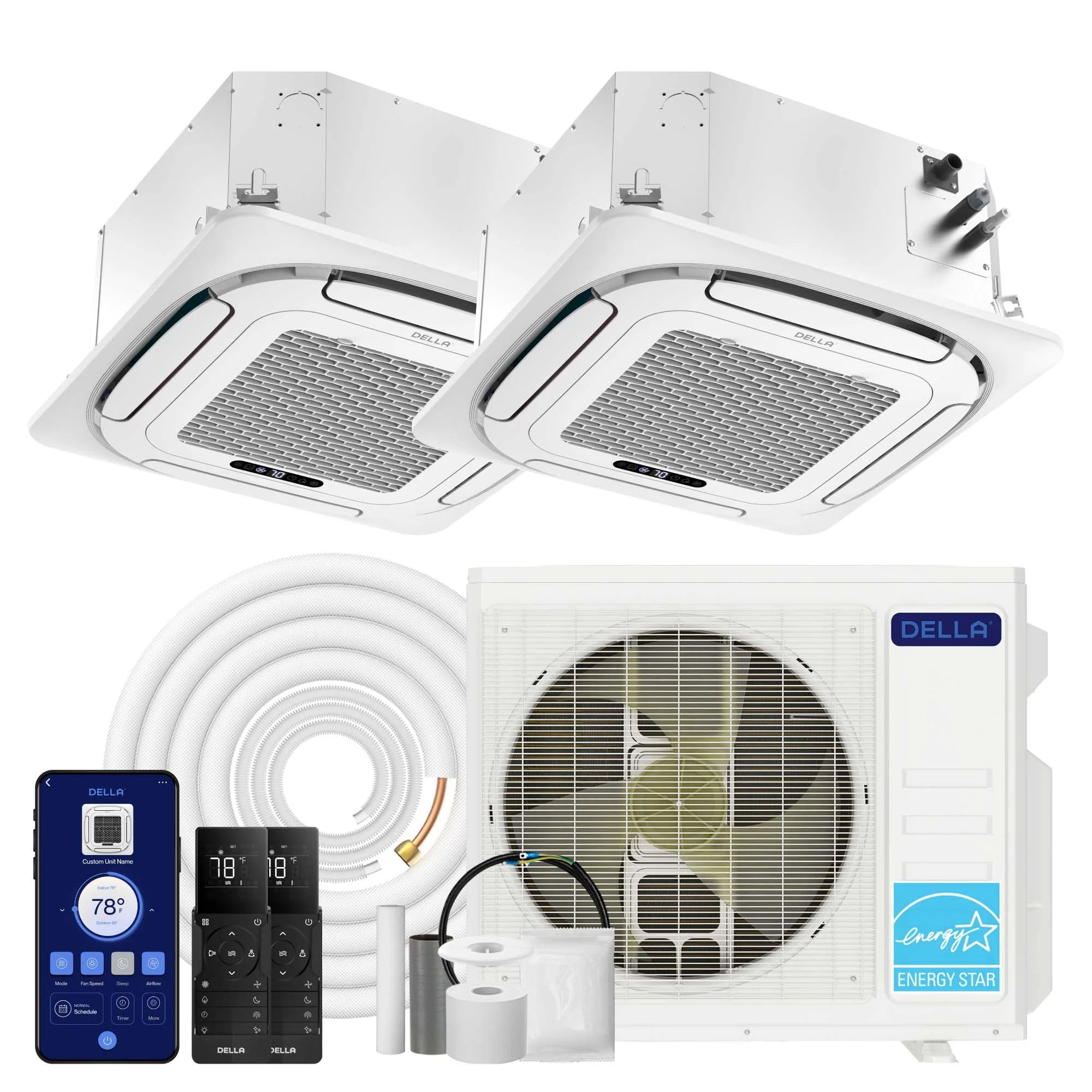 DELLA 27000 BTU Dual Zone Ceiling Cassette Mini Split AC (9K + 12K) - Up to 950 Sq.Ft.