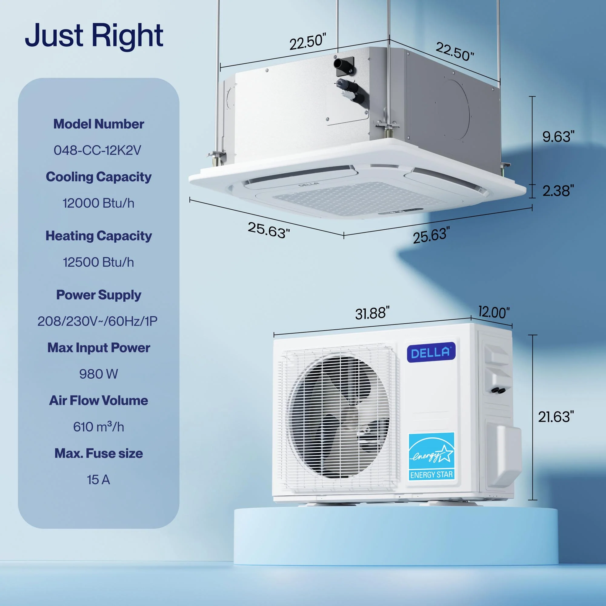 DELLA 12,000 BTU 22 SEER2 Ceiling Cassette Ductless Mini Split AC - Up to 550 Sq.Ft. - Image 8